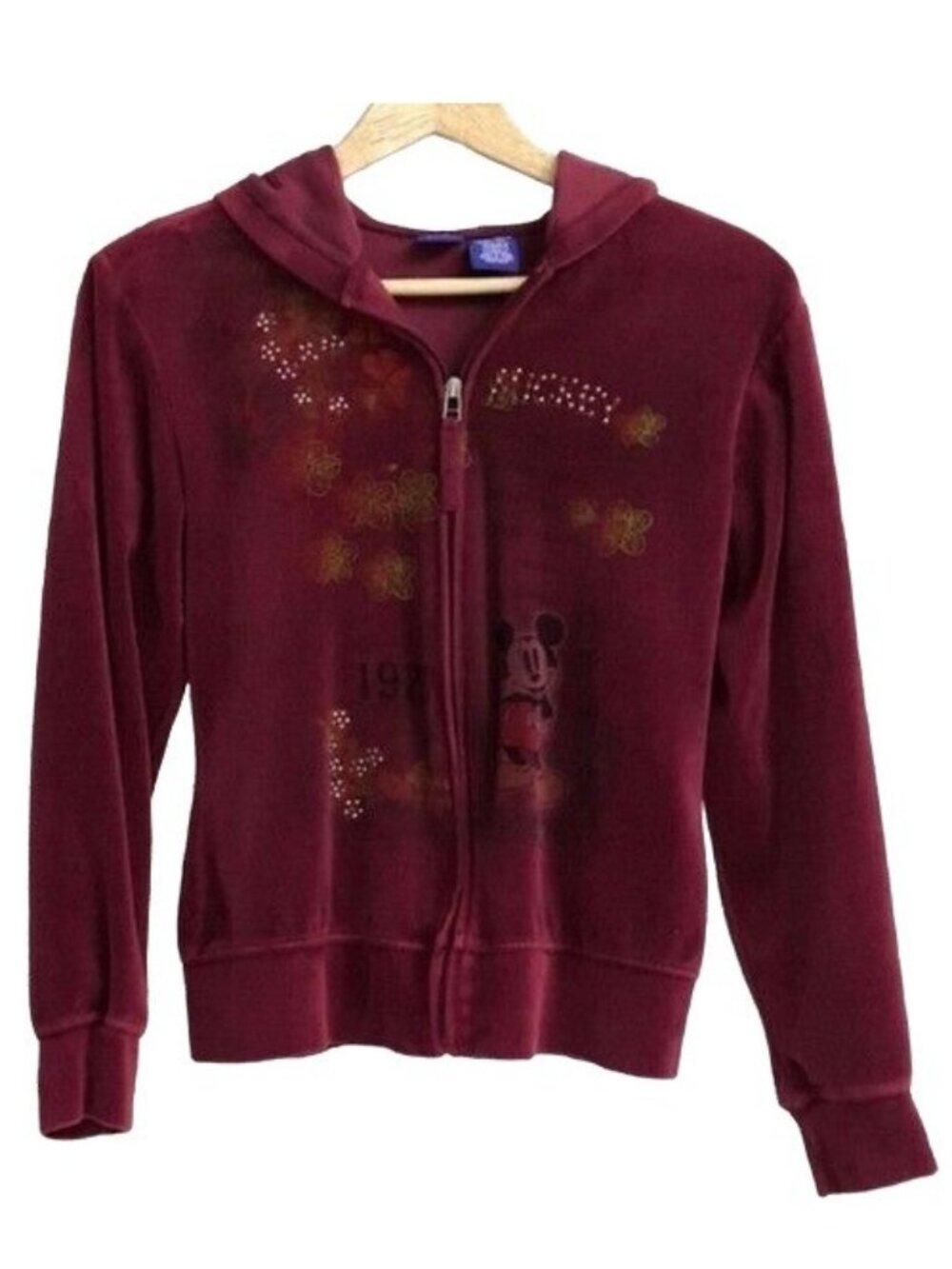 Disney Women Mickey Velour Hoodie Red Small Maroon Ribbed Full Zip Sweatshirt